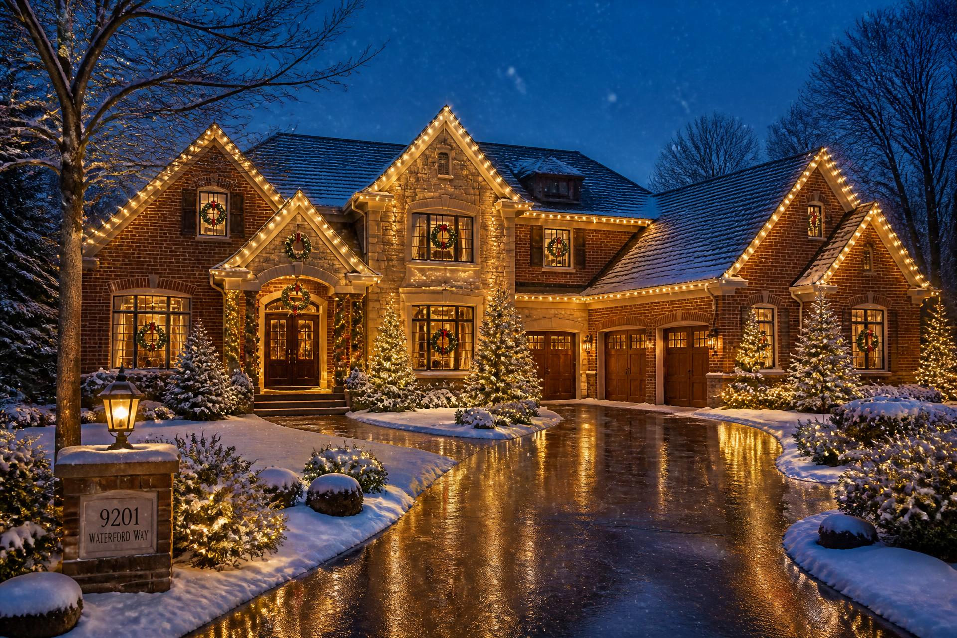 Upscale Northeast Ohio home with professional warm white Christmas roofline lighting on a snowy evening