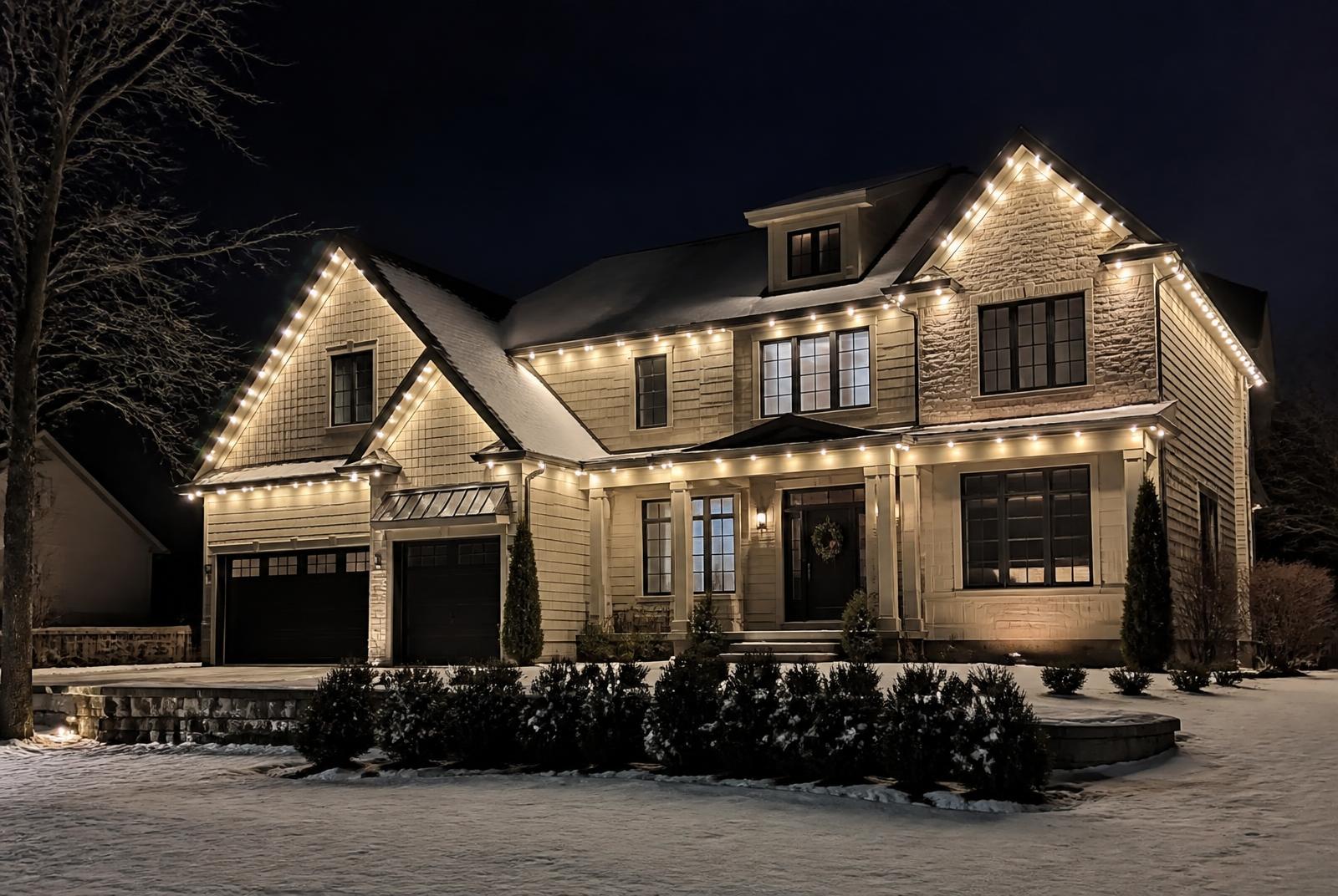 Permanent warm white architectural lighting along the roofline of a Northeast Ohio home at night